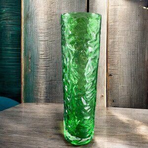 Vintage Textured Crinkled Glass Vase Green Cased Bud Vase Long Glass Vessel Vase